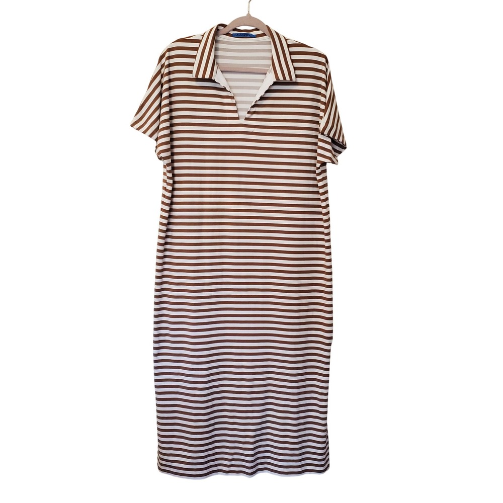 J.McLaughlin Brown White Striped Catalina Cloth Polo Midi Dress Womens XL